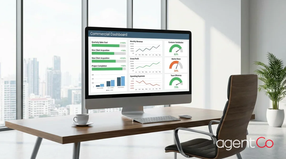 [image : Tableau de bord commercial avec graphiques de KPI — barres de progression, courbes de chiffre d'affaires et jauges — affiché sur un écran d'ordinateur dans un bureau professionnel, style corporate moderne et épuré]
