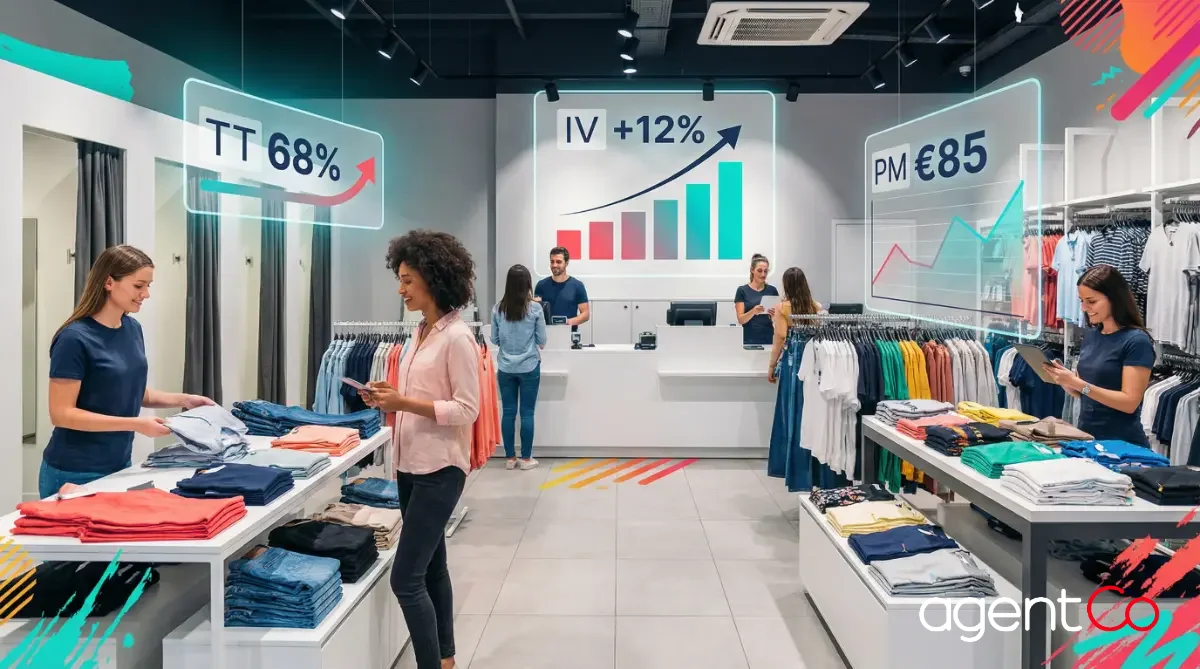 [image : Intérieur d'un magasin de prêt-à-porter avec des vendeurs en action et des superpositions graphiques montrant les métriques TT, IV et PM, style photo-illustration moderne et dynamique]