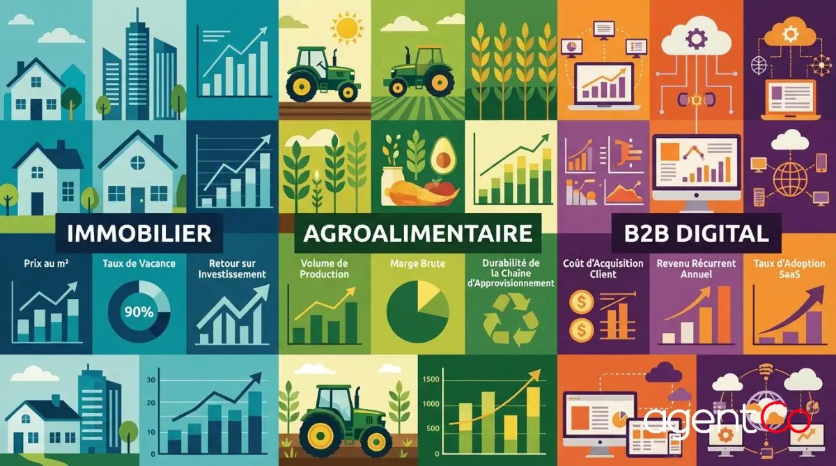 [image : Collage de trois secteurs — immobilier, agroalimentaire, B2B digital — avec des icônes de KPI spécifiques à chaque domaine, infographie en triptyque aux couleurs distinctes]