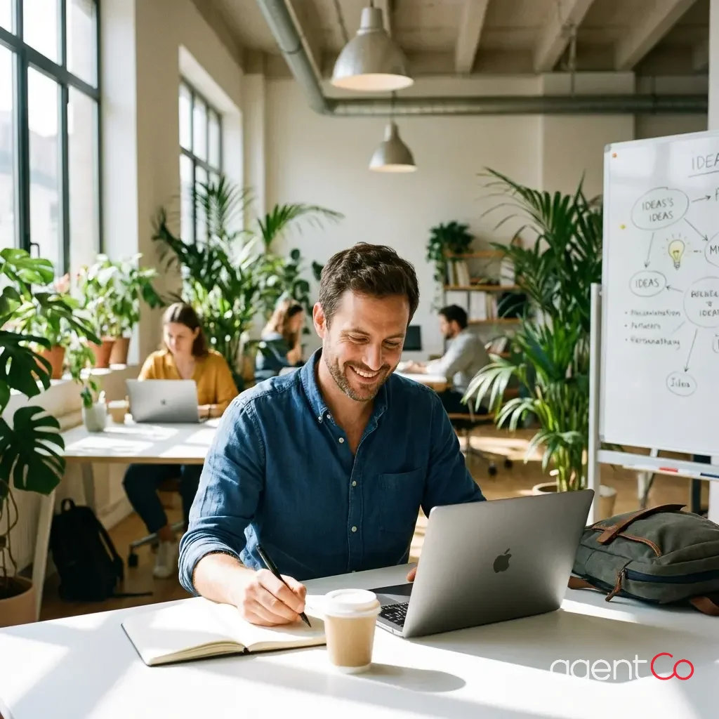 [image : photo réaliste d'un auto-entrepreneur travaillant sur son ordinateur portable dans un espace de coworking lumineux, prenant des notes sur un carnet, ambiance professionnelle et motivante]