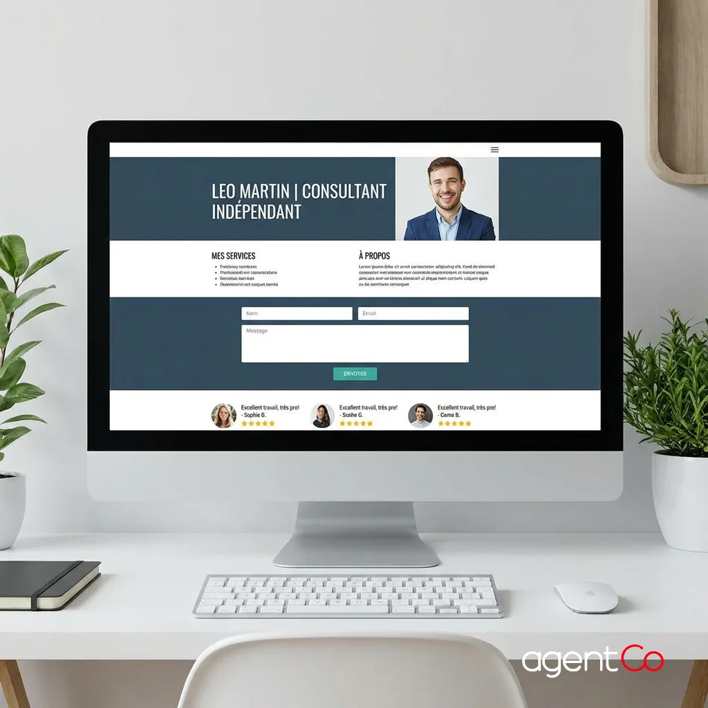 [image : écran d'ordinateur affichant un site web professionnel d'auto-entrepreneur avec une page d'accueil claire, un formulaire de contact visible et des avis clients]