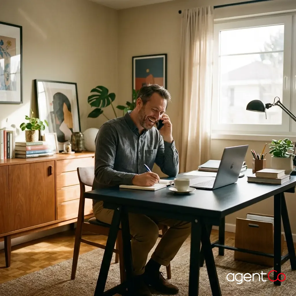 [image : auto-entrepreneur au téléphone dans un bureau à domicile, souriant et prenant des notes, ambiance chaleureuse et professionnelle]