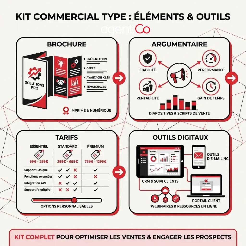 [image : Infographie montrant un kit commercial type avec brochure, argumentaire, tarifs et outils digitaux, style flat design professionnel]