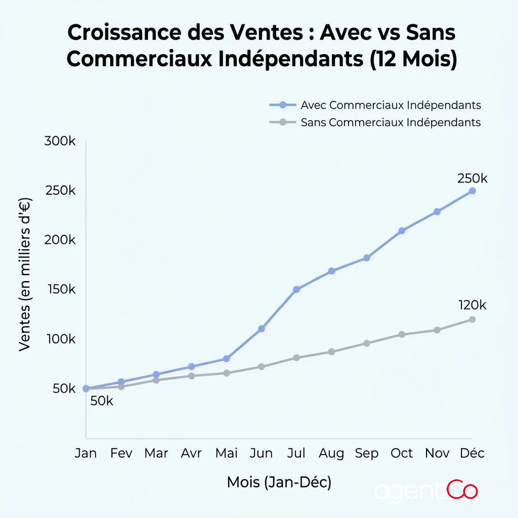 [image : Graphique comparant la croissance des ventes avec et sans commerciaux indépendants sur 12 mois, design épuré avec données réalistes]