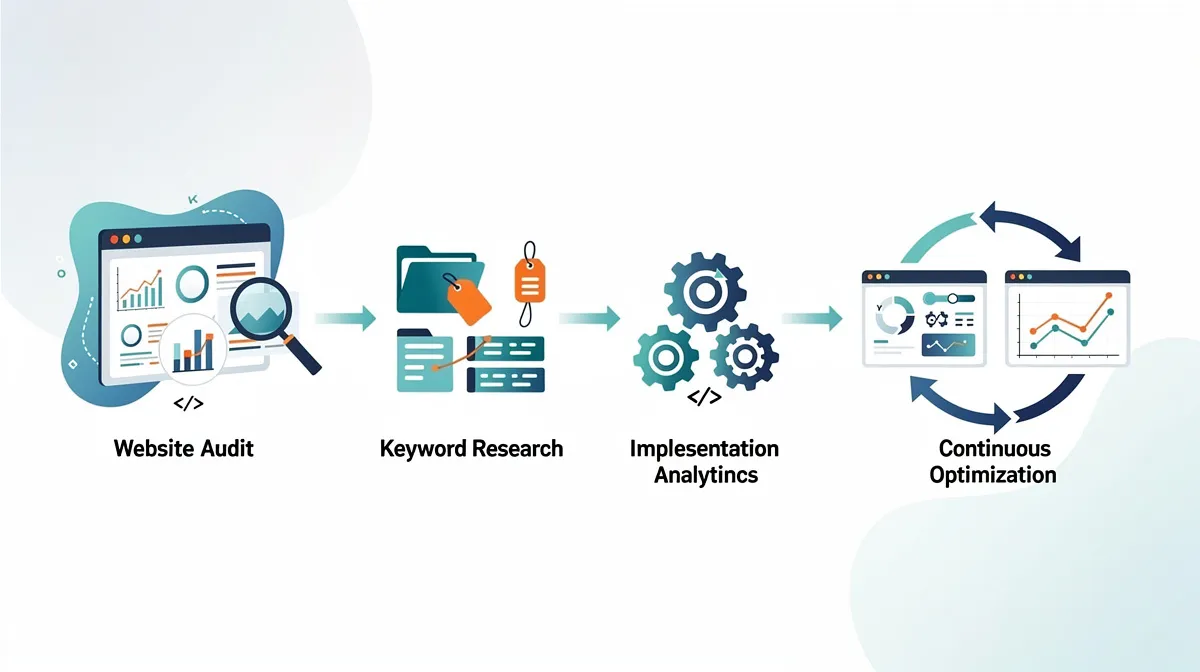 Schéma de workflow SEO montrant le processus d'audit à l'implémentation avec outils de suivi