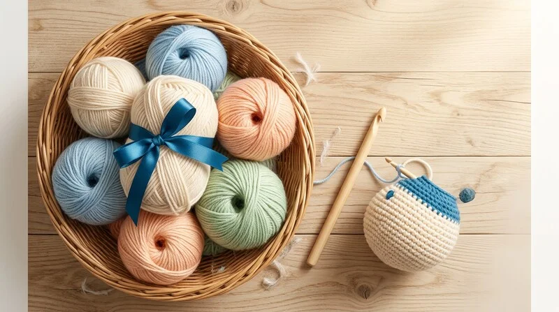 Présentation de pelotes de laine colorées et d'un crochet sur un panier en osier dans une ambiance cocooning