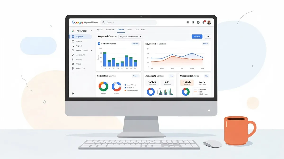 Google Keyword Planner dashboard interface with search volume charts and keyword analytics