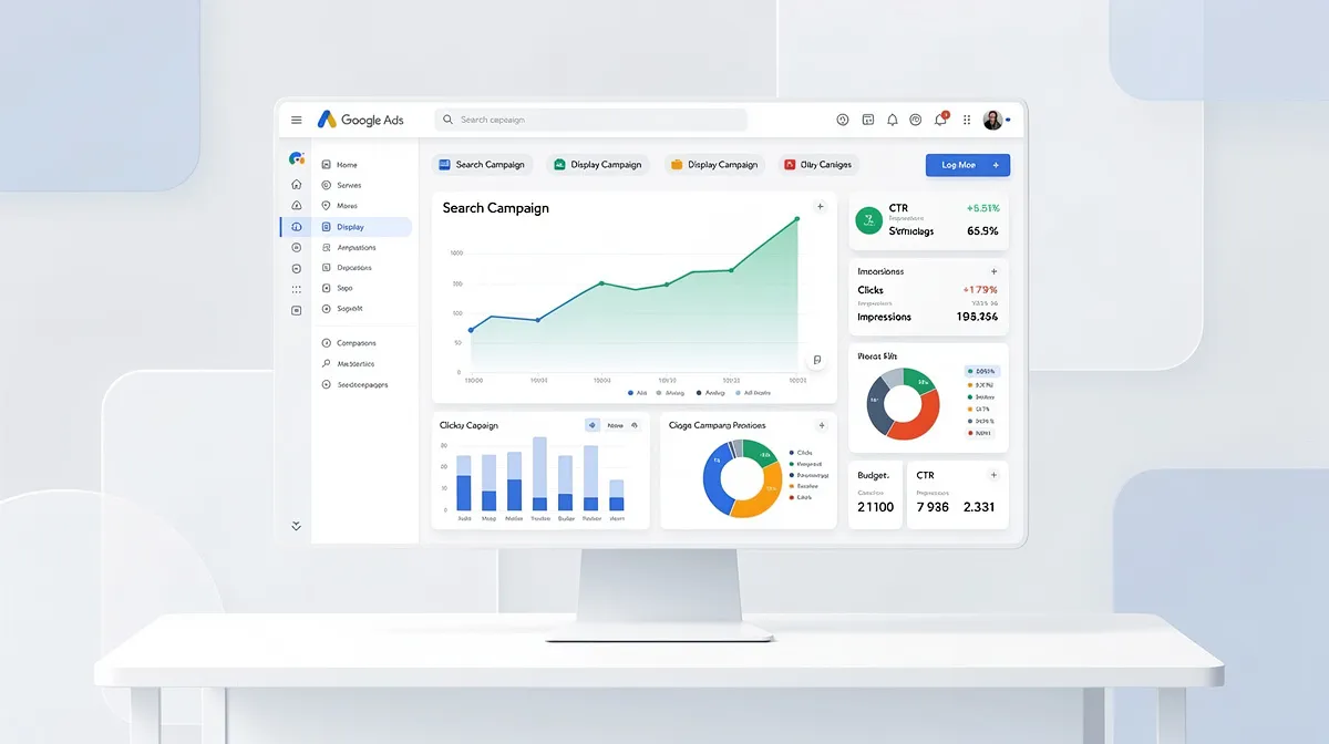 Google Ads campaign dashboard with budget estimates and performance metrics