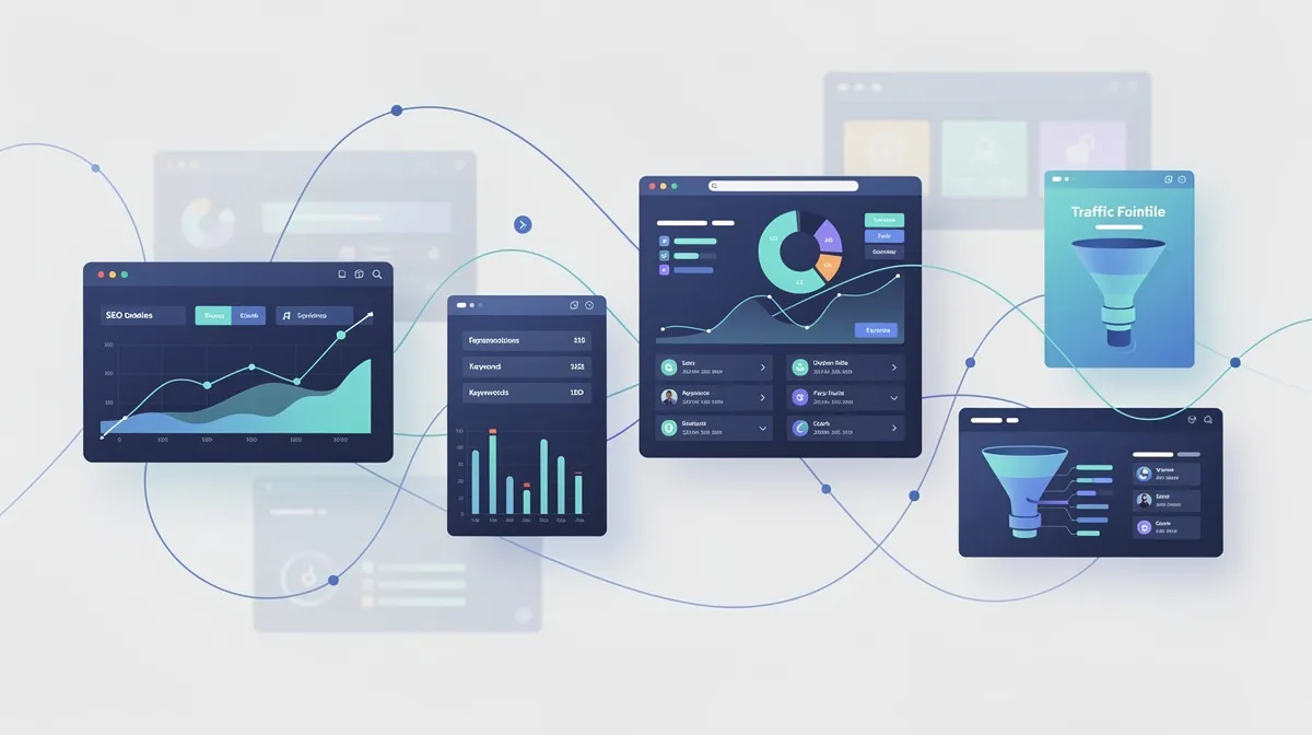 SEO tools ecosystem with interconnected analytics dashboards
