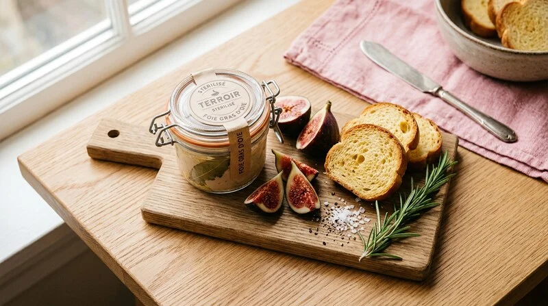Bocal de foie gras stérilisé sur une planche de fête avec pain toasté et figues