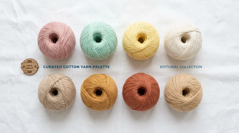 Palette de fils coton crochet été en teintes pastel et terre : rose poudré, vert d'eau, beige, brique