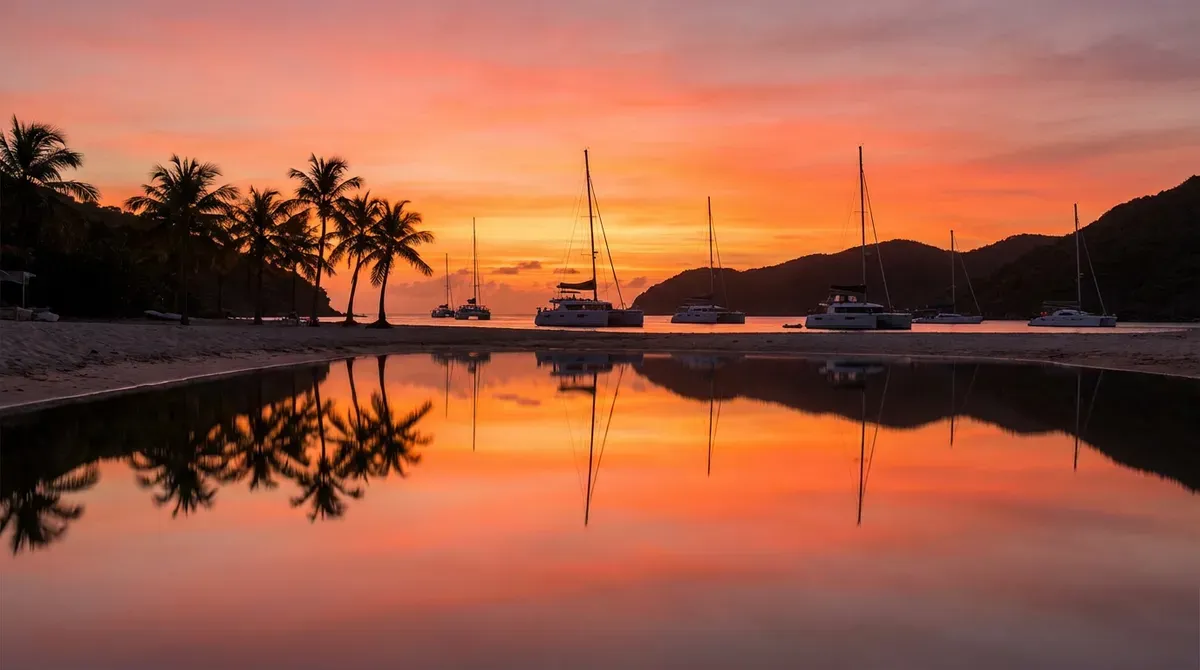 Sunset at Colombier Beach St Barts with boats anchored in the bay