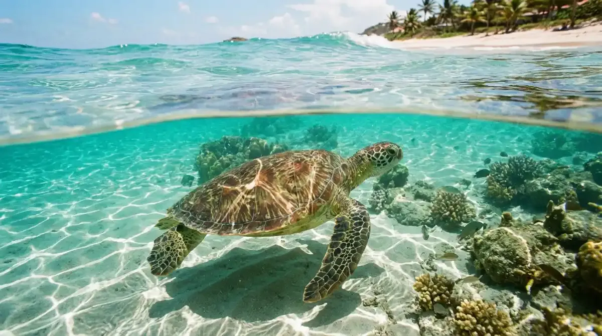 Sea turtle swimming in the protected waters of Colombier Beach