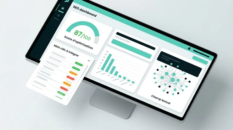 Tableau de bord d'un outil d'analyse sémantique SEO affichant le score d'optimisation d'un contenu