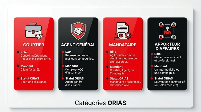Schéma des quatre catégories d'intermédiaires en assurance et leurs liens avec mandants et clients