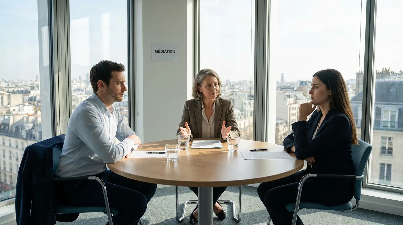 Réunion de médiation professionnelle entre salariés en conflit