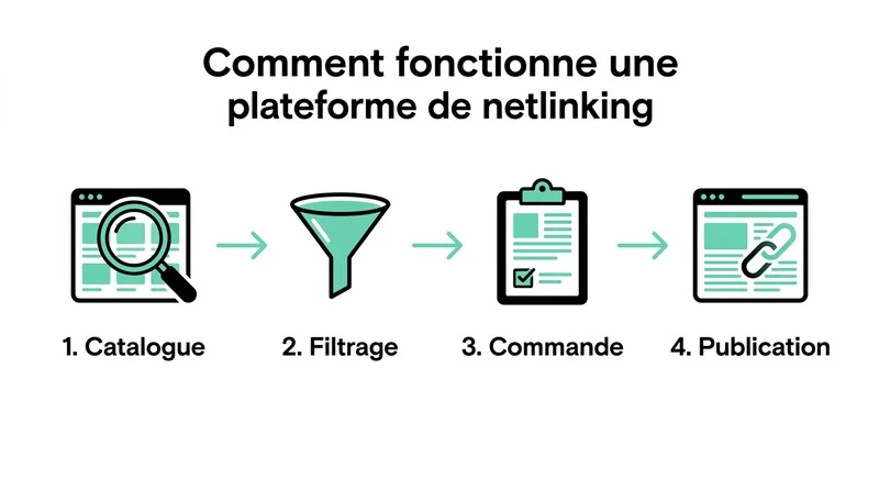 Infographie expliquant le fonctionnement d'une plateforme de netlinking en 4 étapes : catalogue, filtrage, commande, publication