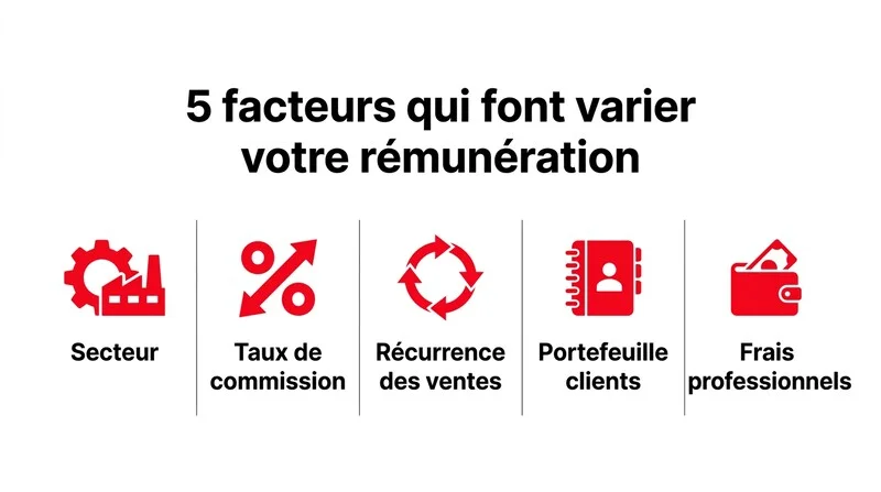 Infographie des cinq facteurs de variation du revenu d'un agent commercial indépendant