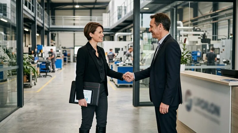Agent commercial indépendant en visite client avec sa tablette et son mandat