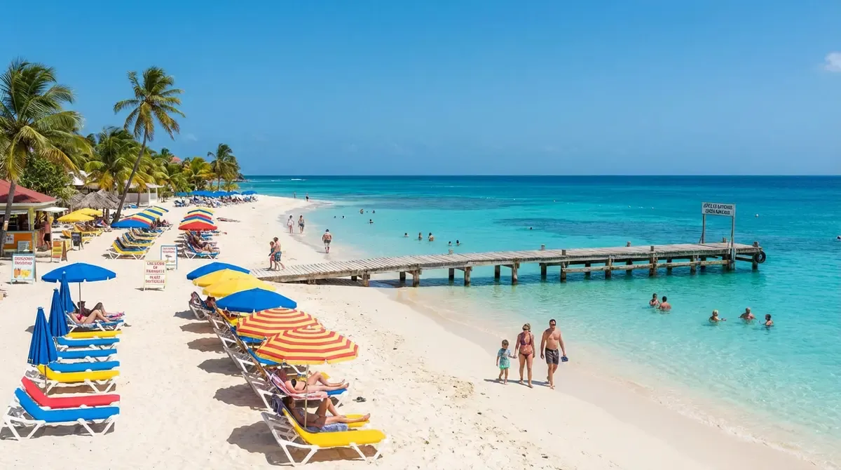 Grand Case Beach with turquoise calm waters, white sand and palm trees on Saint Martin