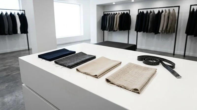 Échantillons de tissus de costume en laine, flanelle, coton et lin sur une table de boutique moderne