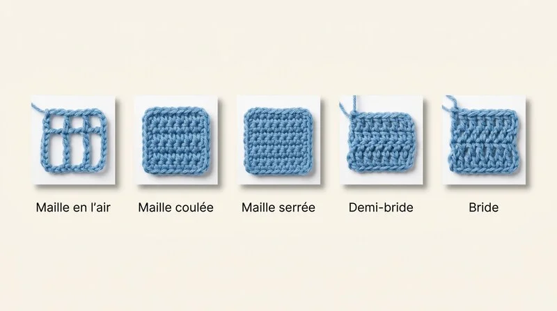 Illustration des 5 points de base au crochet côte à côte avec leur nom en français