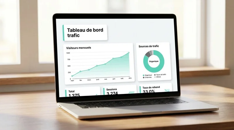 Tableau de bord d'analyse de trafic web avec graphiques de visiteurs et sources d'acquisition
