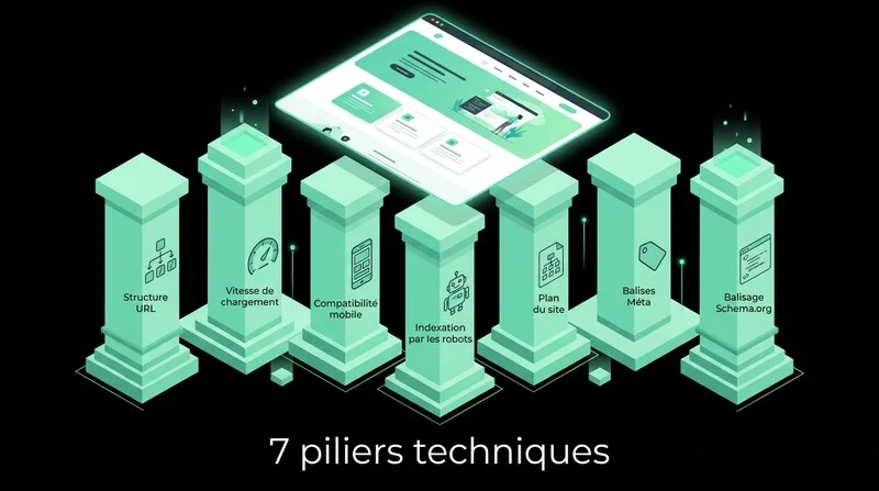 Illustration des 7 piliers du SEO technique soutenant un site web