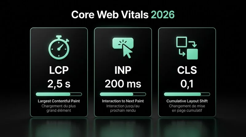Infographie des trois Core Web Vitals 2026 : LCP, INP et CLS avec leurs seuils