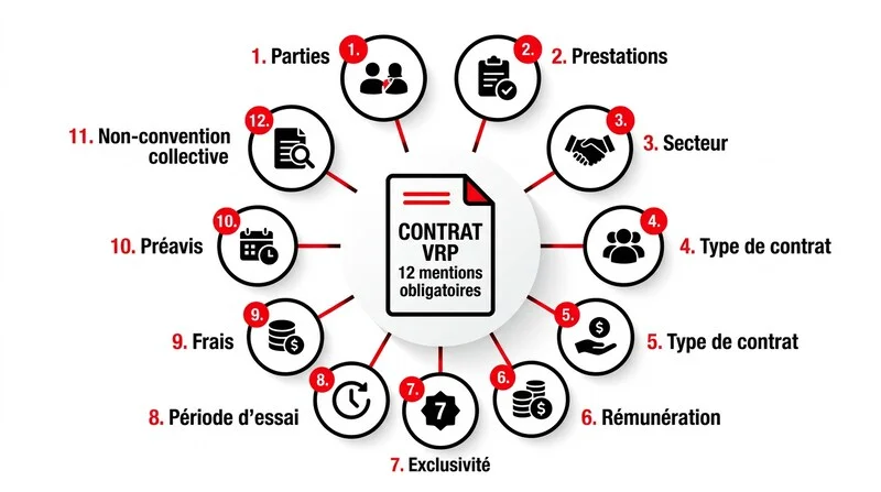 Infographie des 12 mentions obligatoires du contrat VRP à vérifier avant signature