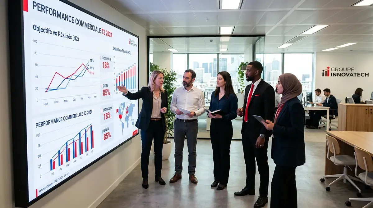 équipe commerciale analysant des graphiques de performance sur écran, ambiance b