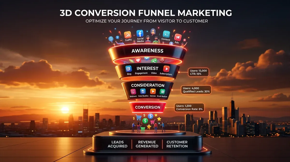 entonnoir de conversion marketing avec icônes représentant les étapes du parcour