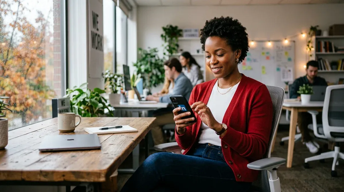 professionnel consultant son fil LinkedIn sur smartphone, environnement professi