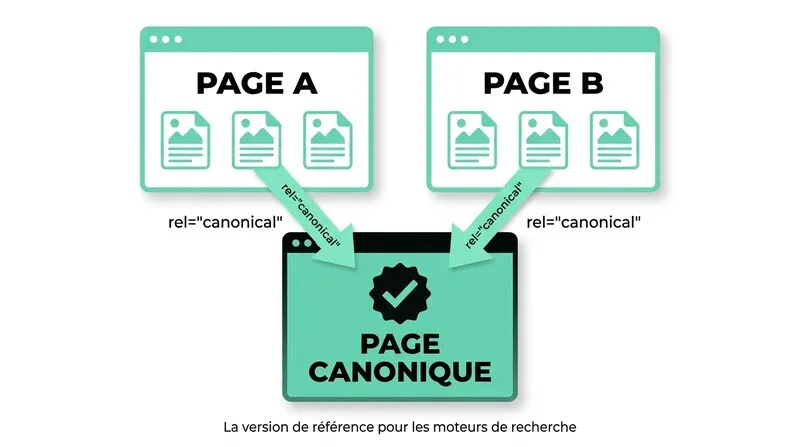 Schéma de la balise canonical pointant deux pages dupliquées vers une URL canonique unique