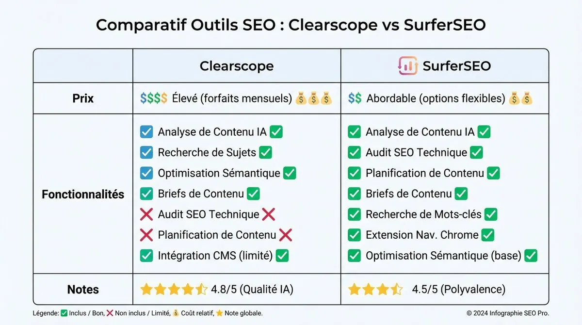 Interface principale de Clearscope montrant l'éditeur de contenu avec le score SEO