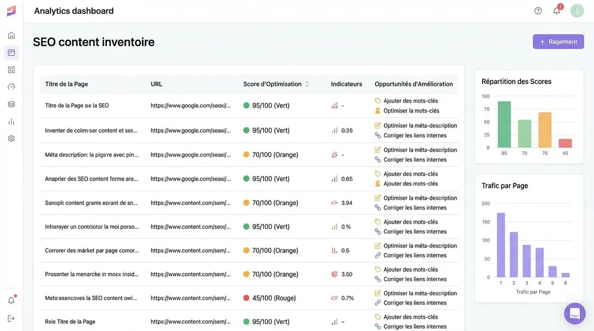 Dashboard Content Inventory montrant les opportunités d'optimisation