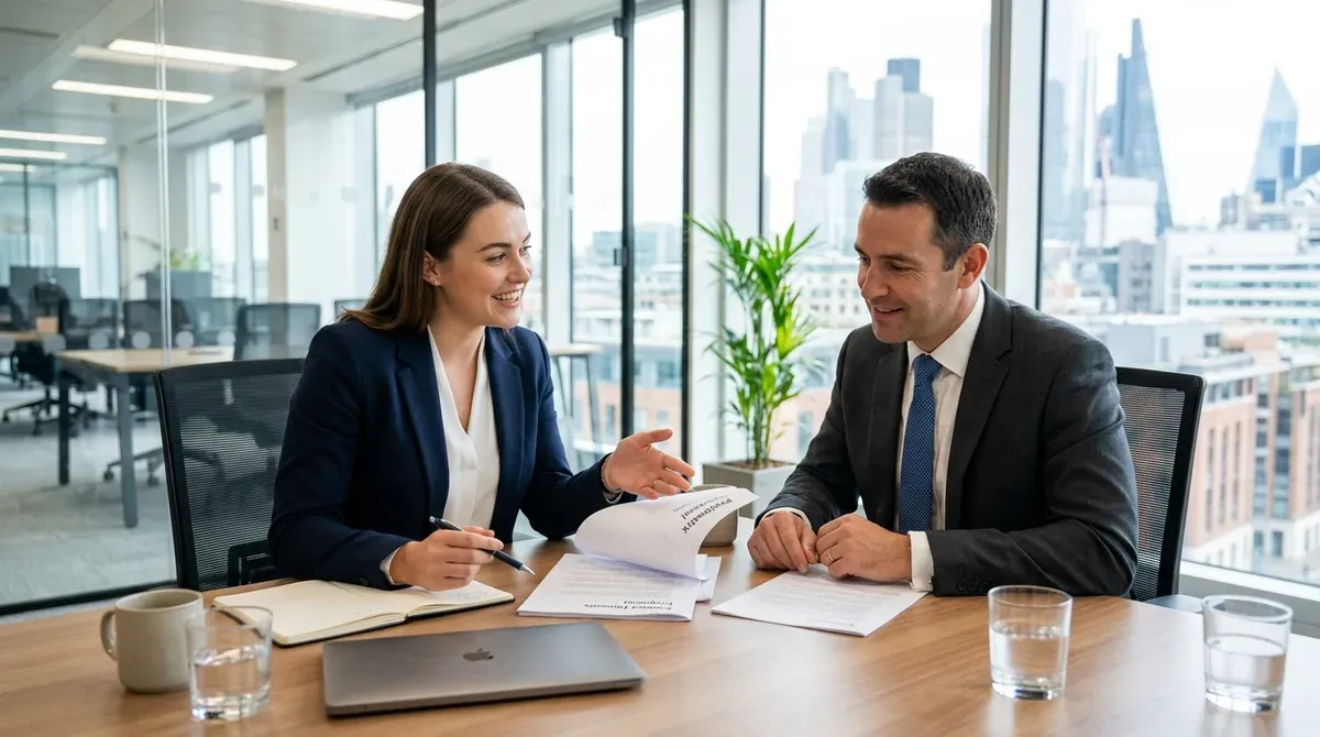 Photo réaliste d'un agent commercial en costume discutant avec un client dans un bureau moderne lumi