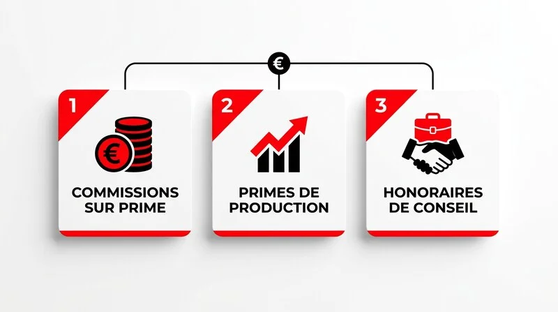 Infographie des trois piliers de la rémunération d'un mandataire en assurance : commissions, primes, honoraires