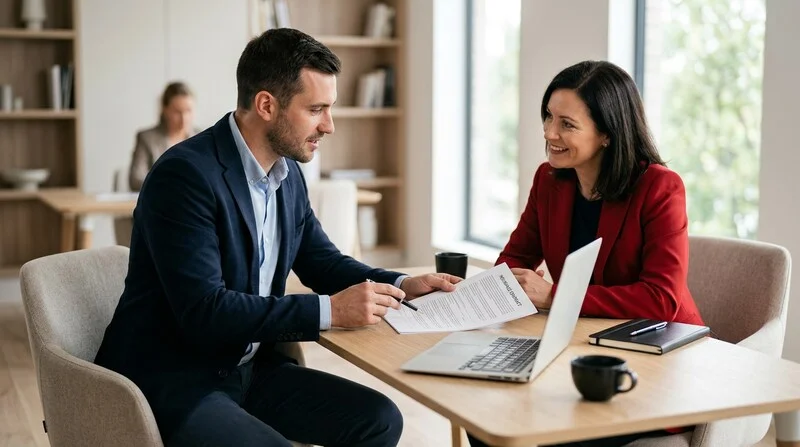 Mandataire en assurance indépendant en rendez-vous avec une cliente professionnelle dans un bureau