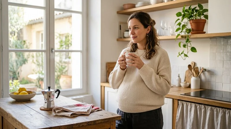 Jeune femme enceinte tenant une tasse de café dans une cuisine lumineuse le matin