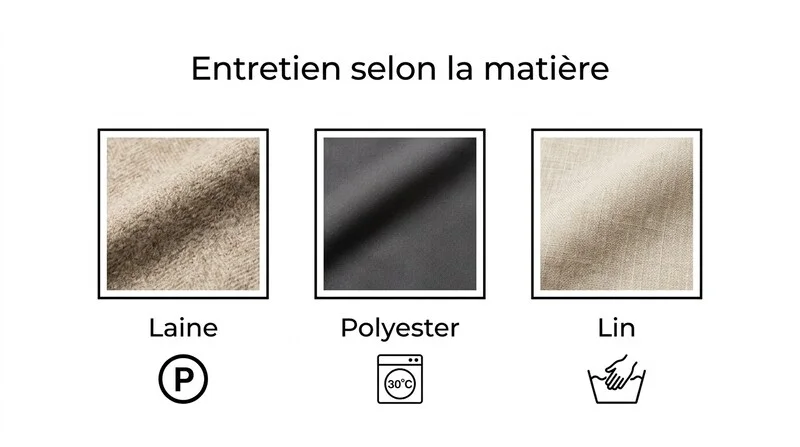 Infographie entretien costume selon la matière : laine, polyester, lin