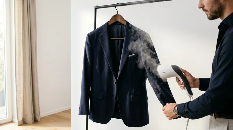 Costume homme suspendu sur cintre large, défroissage à la vapeur