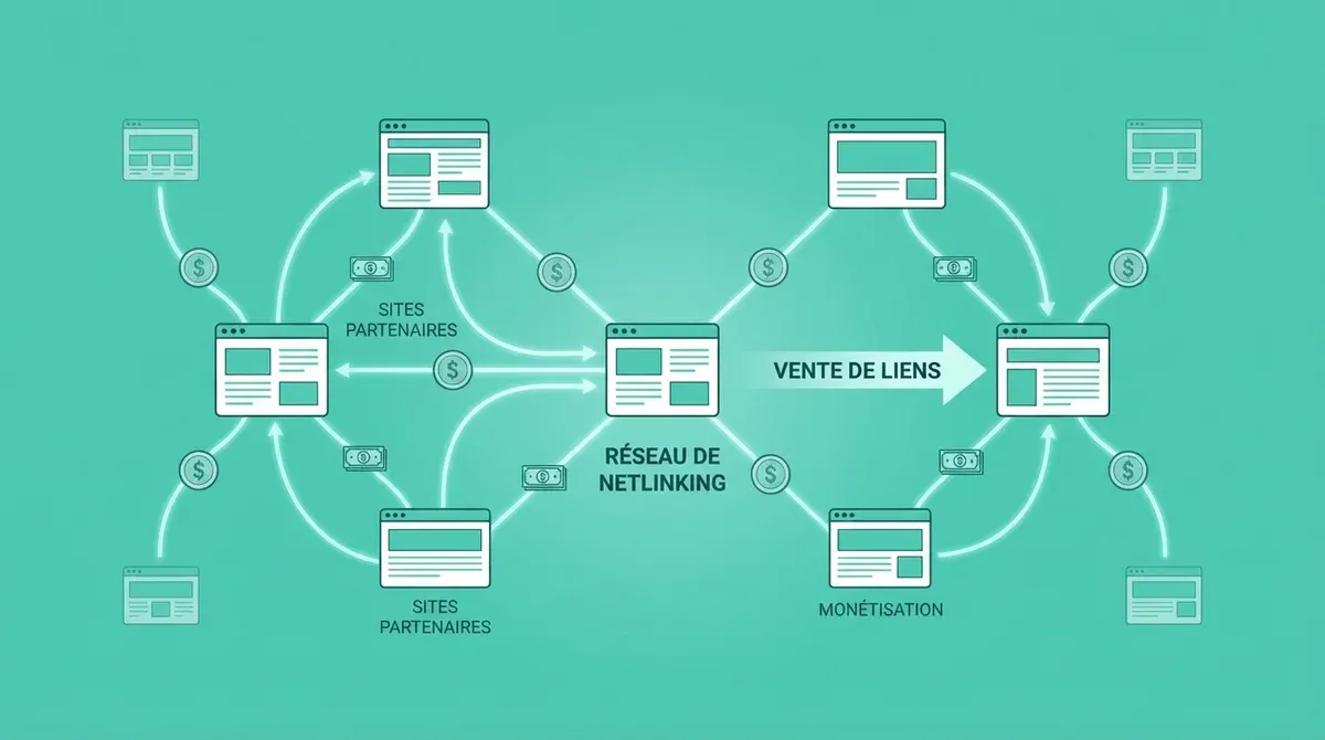 Illustration montrant un réseau de sites web interconnectés par des liens, avec 