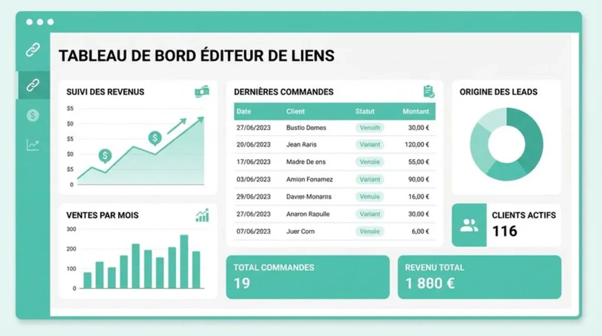Tableau de bord montrant le suivi des commandes et des revenus d'un éditeur de l