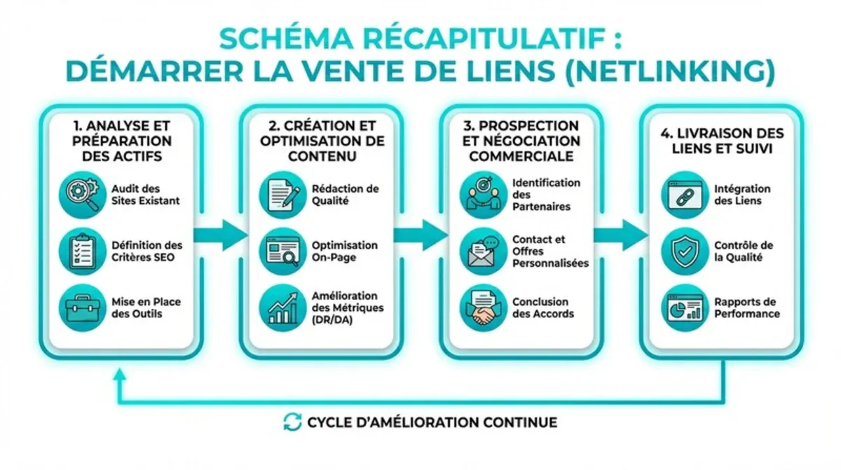 Schéma récapitulatif des étapes pour démarrer dans la vente de liens