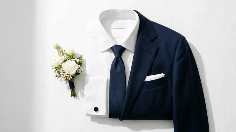 Détails d'un costume de marié : veste bleu marine, pochette, cravate et boutonnière