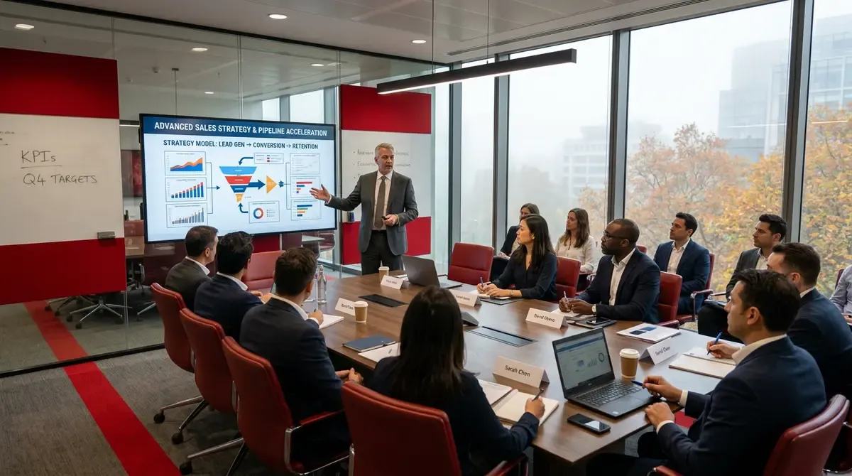 réunion commerciale autour d'une table avec graphiques et documents, ambiance pr