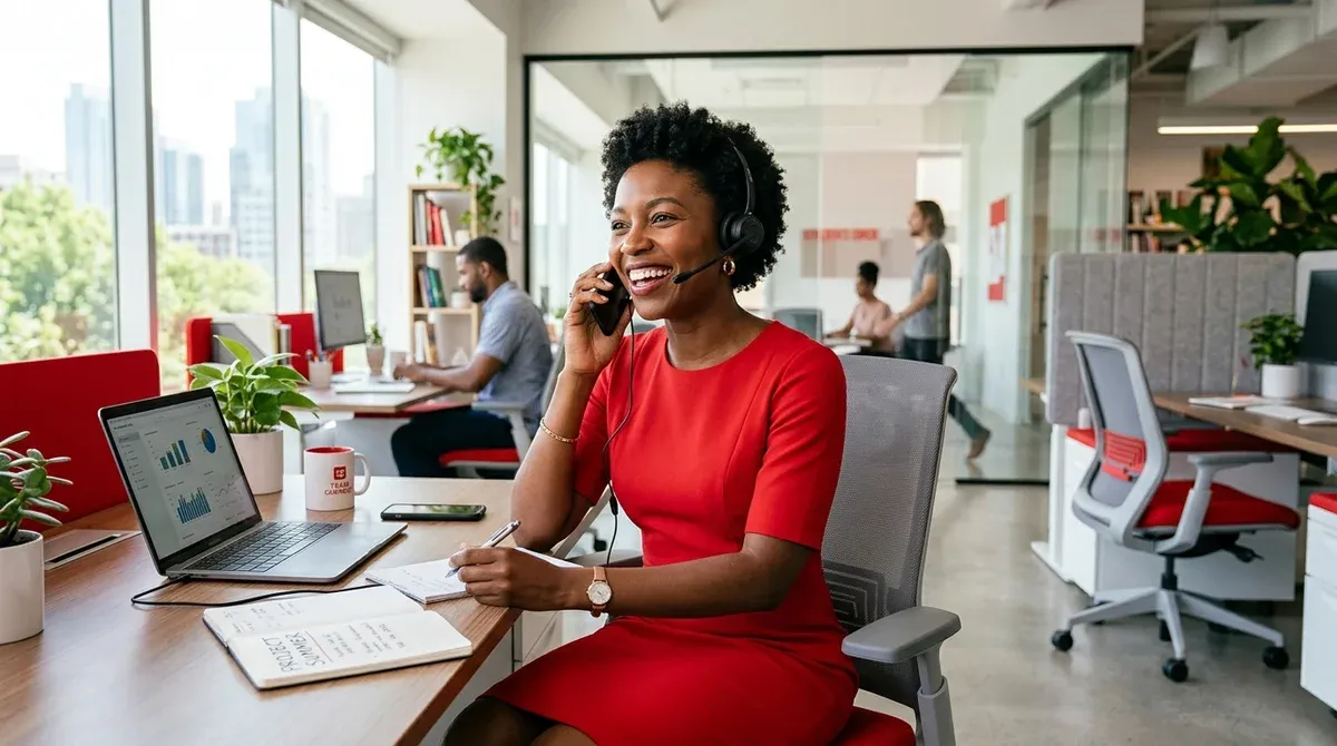 commerciale souriante au téléphone avec casque dans un open space moderne, palet