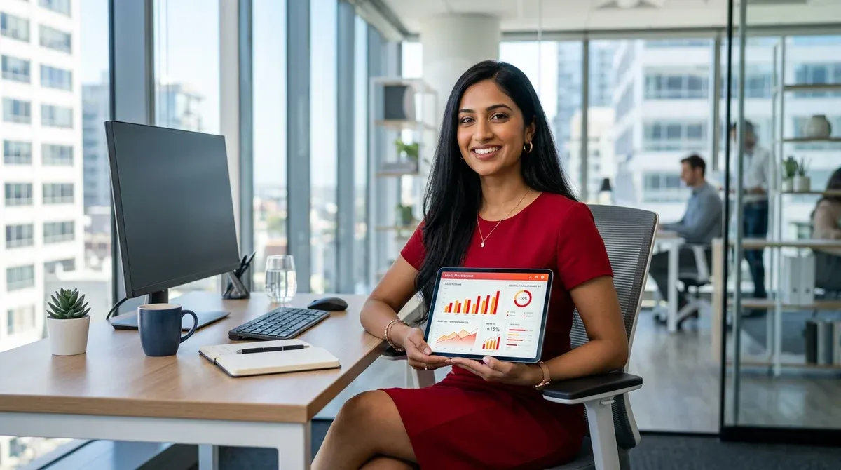 commercial consultant son CRM sur tablette avec graphiques de performance, desig