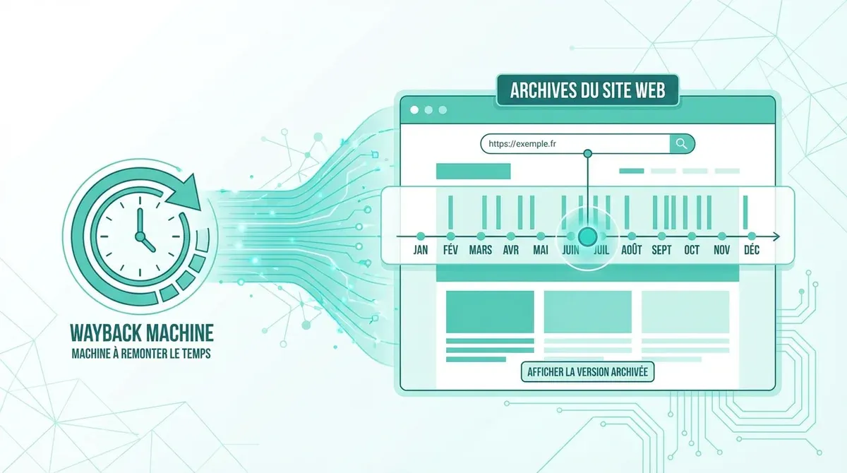 Logo de Wayback Machine avec une capture d'écran de l'interface montrant la time